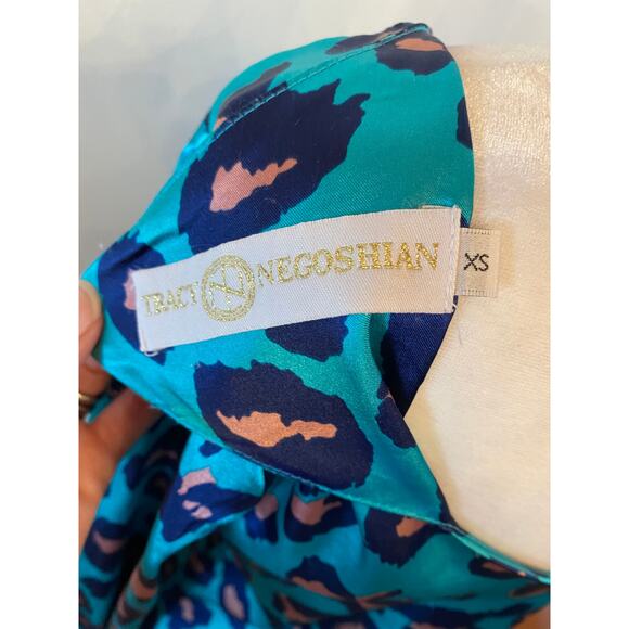 Tracy Negoshian satin teal animal leopard print Blouse XS - Picture 4 of 4